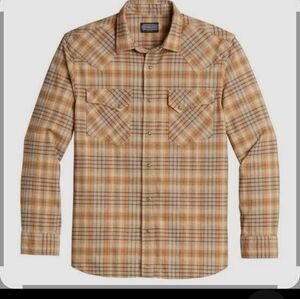 Mens Pendleton Beige and Brown Plaid Button Down Shirt